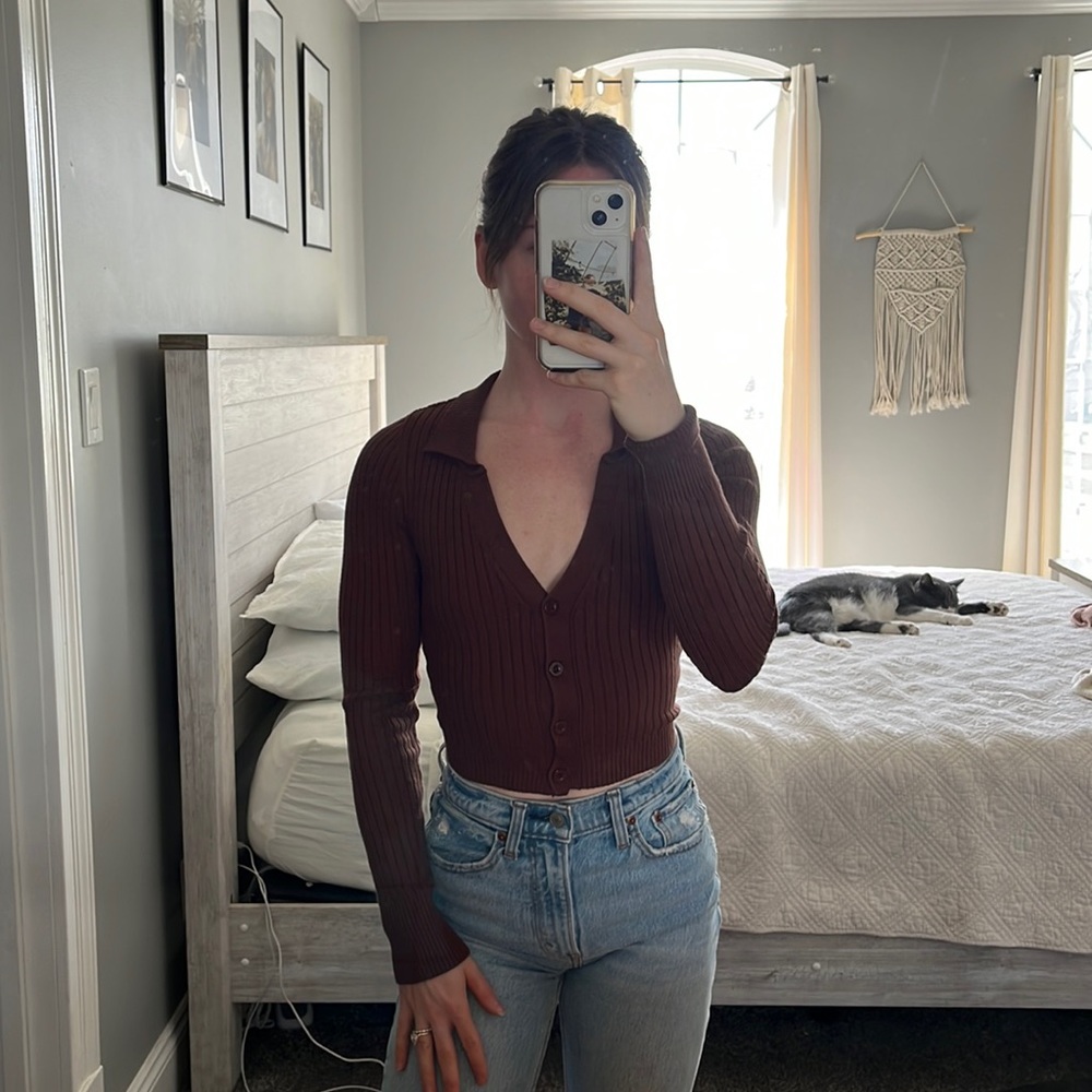 Lulus brown ribbed button-up top/cardigan